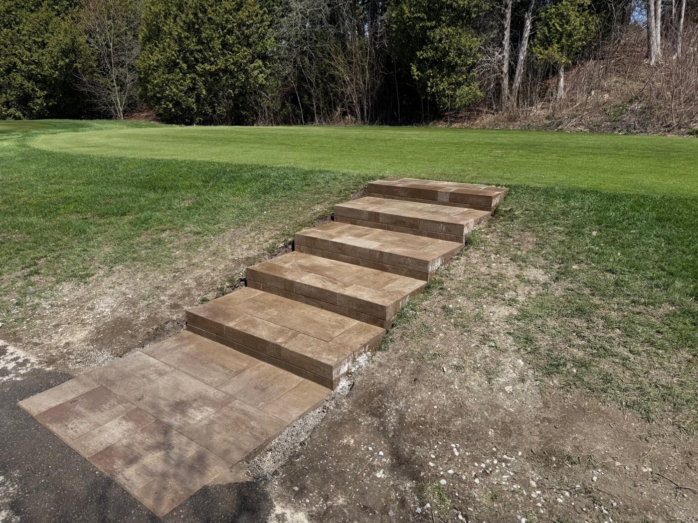 Stone step walkway crossing a sloped lawn